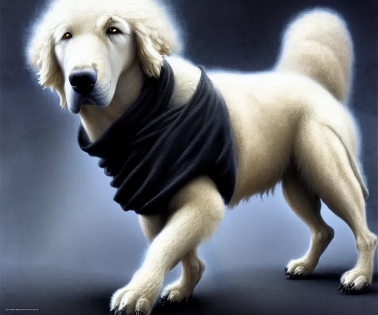 Image similar to beautiful fantasy character portrait of a maremma dog wearing a black hoodie, extra fluffy fur, ultra realistic, dramatic lighting, the fifth element artifacts, highly detailed by peter mohrbacher, hajime sorayama, wayne barlowe, boris vallejo, aaron horkey, gaston bussiere, craig mullins