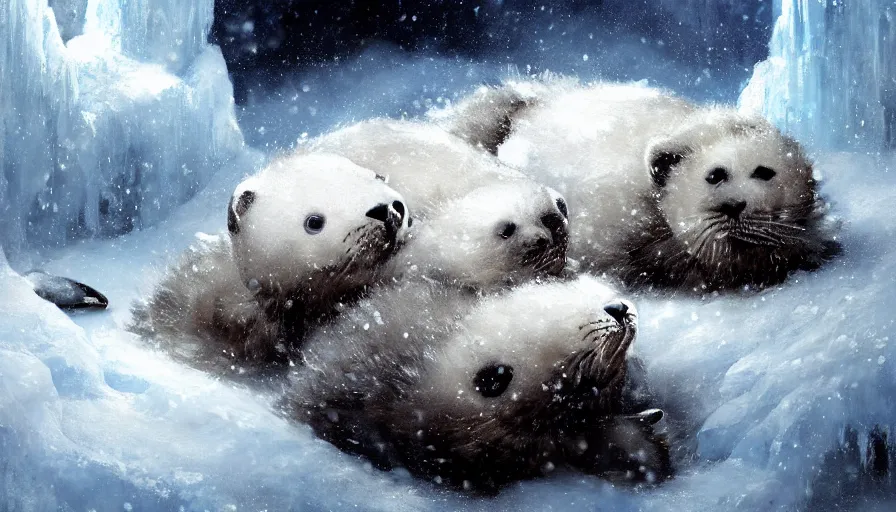 Image similar to highly detailed painting of cute furry white baby seals cuddled up inside snowy fantasy ice crystal cavern by william turner, by greg rutkowski, by william constable, thick brush strokes and visible paint layers, 4 k resolution