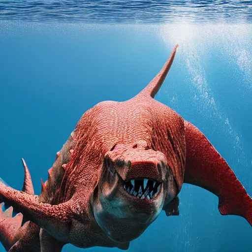 Prompt: an award winning national geographic photo of a swimming dinosaur deep in the ocean