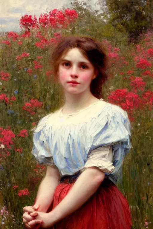 Image similar to Solomon Joseph Solomon and Richard Schmid and Jeremy Lipking victorian genre painting portrait painting of a young cottagecore girl in an open field of flowers, red background