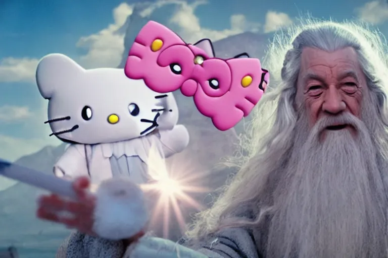 Image similar to portrait of Gandalf dressed as hello kitty, smiling warmly, sunrise, movie still from Lord of the Rings, cinematic