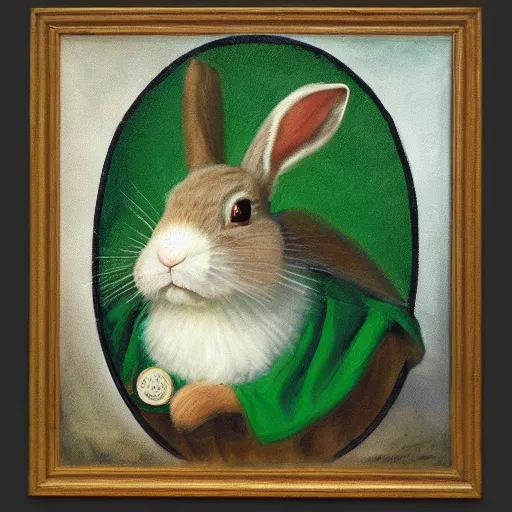 Prompt: a rabbit wearing a green cape, victorian painting