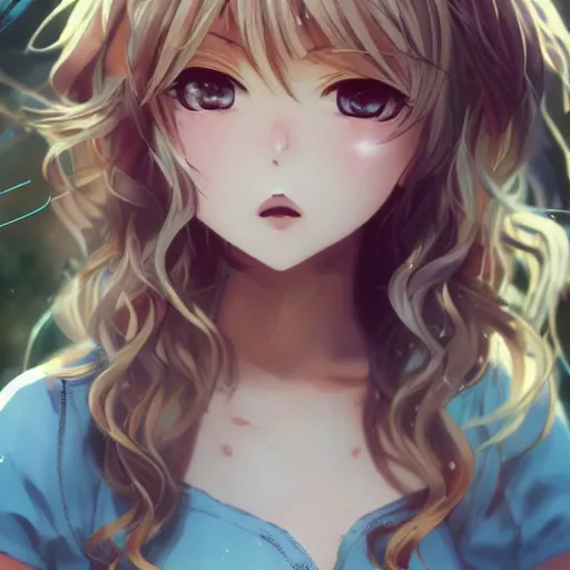 Image similar to a very beautiful anime girl, full body, long wavy blond hair, sky blue eyes, full round face, short smile, cute top, short jeans, summer lake setting, cinematic lightning, medium shot, mid-shot, highly detailed, trending on Artstation, Unreal Engine 4k, cinematic wallpaper by Stanley Artgerm Lau, WLOP, Rossdraws, James Jean, Andrei Riabovitchev, Marc Simonetti, and Sakimichan