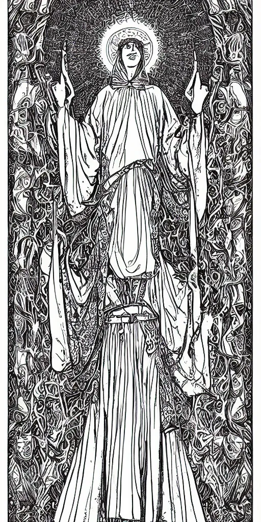 Image similar to the high priestess, tarot card, jachin and boaz columns, digital art, black and white