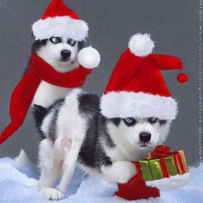 Image similar to cute husky puppy wearing a christmas hat by satoshi kon