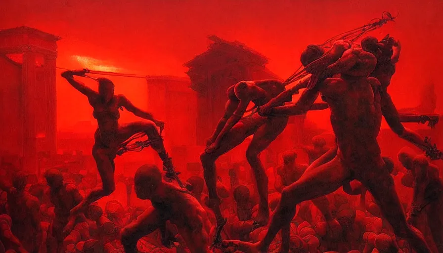 Image similar to only with red, gladiator battle in a crowded roman amphitheatre, crowd cheering, in the style of beksinski and edward hopper and rodcenko and yue minjun and cory loftis, intricate and epic composition, red by caravaggio, highly detailed, masterpiece, red light, artstation, art nouveau