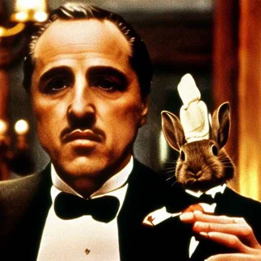 Prompt: a rabbit in the movie The Godfather, Don Corleone is holding the rabbit