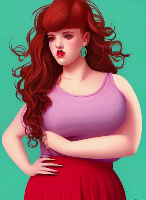 Image similar to full body portrait of teenage cheryl blossom, obese, bangs, green eyes, sultry expression, red hair, sultry smirk, bangs and wavy hair, pink skirt, fat, intricate, elegant, glowing lights, highly detailed, digital painting, artstation, concept art, smooth, sharp focus, illustration, art by wlop, mars ravelo and greg rutkowski