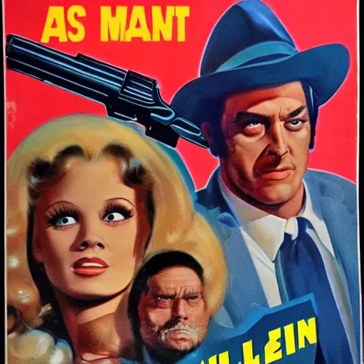 Prompt: a 1 9 7 0's b - movie poster for a movie about a man with two shotguns for legs and two shotguns for arms, his beautiful new girlfriend alien and his main villain, the state senator of kentucky richard croc