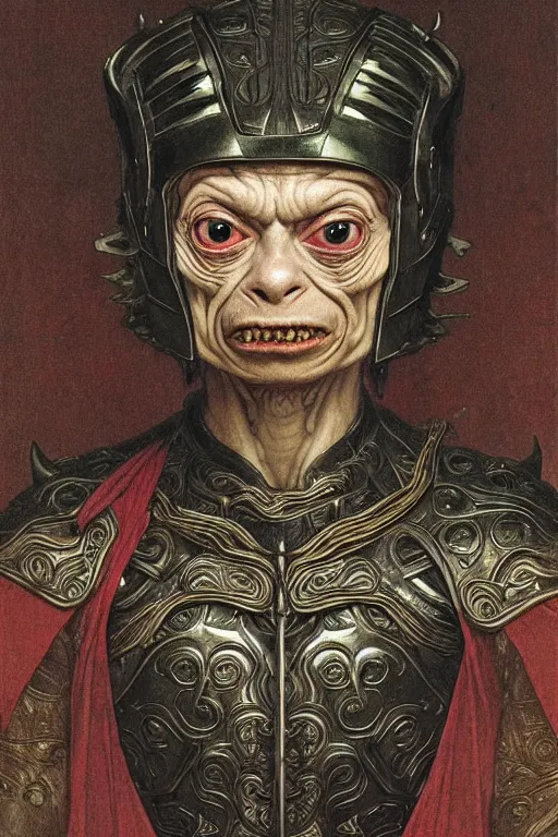 Image similar to portrait of gollum in a chinese dragon in armor and helmet, complex patterns, details, majestic, solemn, gorgeous, symmetrical, detailed intricate, hyper realistic, by bouguereau