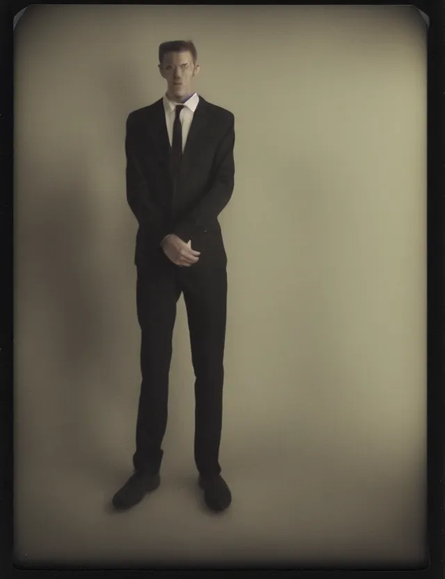 Image similar to polaroid photo with flash, non ordinary model, in a male suit, polaroid photo bleached strong lights, kodak film stock, hyper real, stunning moody cinematography, with anamorphic lenses, by maripol, detailed