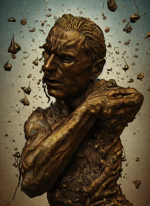 Image similar to An epic fantastic realism comic book style painting of a distressed bronze sculpture from the future by Stanislaw Szukalski, beautiful flowers raining down, fisheye lens, unreal 5, DAZ, hyperrealistic, octane render, dynamic lighting