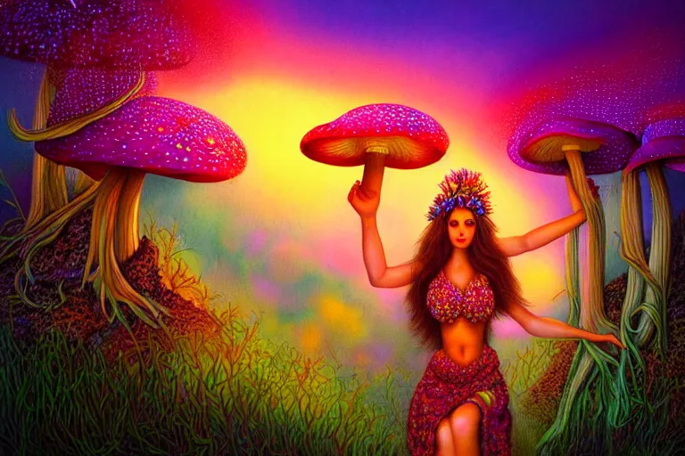 Image similar to a realistic portrait of a beautiful mushroom goddess in an enchanted psychedelic mushroom forest, at sunset,