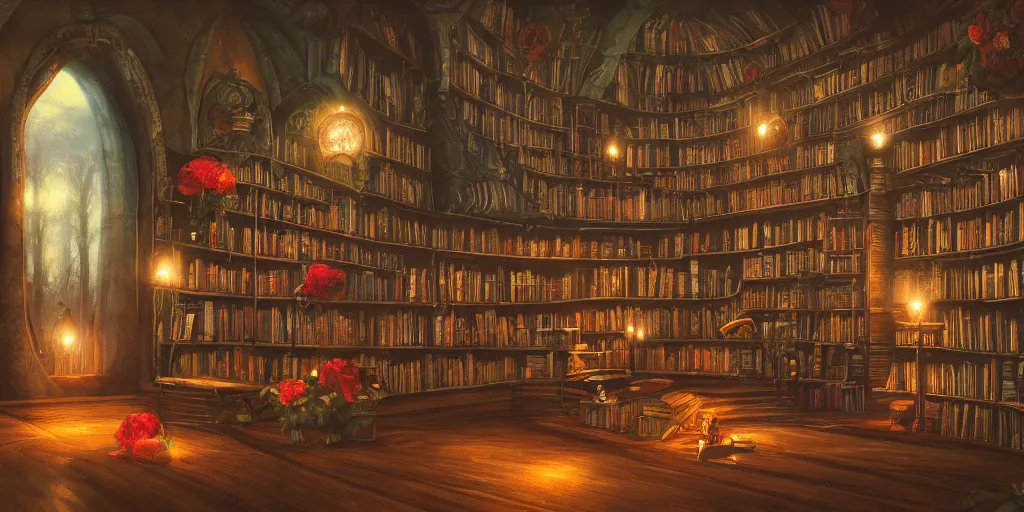 Prompt: magic library, another world, birds, roses, fairy tale, evening lights, highly detailed, low angle view, artstation, mysterious, comfort, in the style of aetherpunk