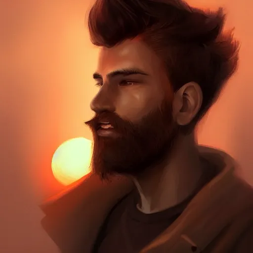 Image similar to young man with a light beard, beautiful sunset, high definition, concept art, digital painting, art station, sharp focus, art by Bowater and Charlie