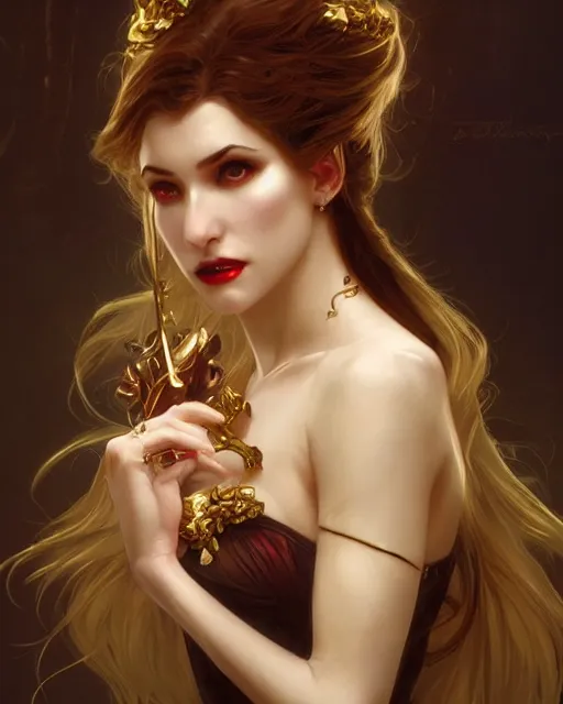 Image similar to female vampire, perfect face, gold corset, cinematic, stunning, highly detailed, digital painting, artstation, smooth, hard focus, illustration, art by artgerm and greg rutkowski and alphonse mucha