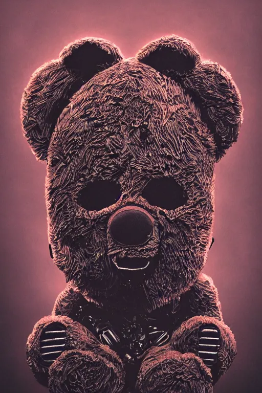 Prompt: portrait of a creepy horror carbon monoxide, teddy bear with mask . intricate abstract. intricate artwork. nightmare fuel. terrifying. by Tooth Wu, wlop, beeple, dan mumford , trending on artstation, greg rutkowski very coherent symmetrical artwork. cinematic, hyper realism, high detail, octane render, 8k, iridescent accents