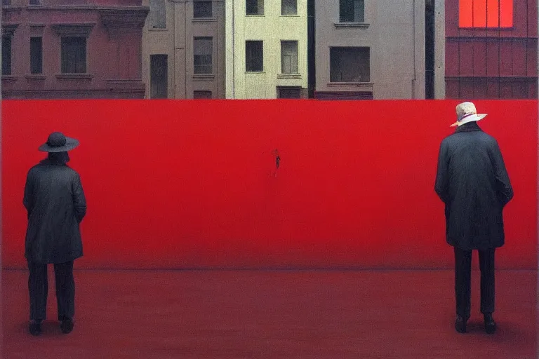 Image similar to only with red, a red old stylish man try to sell a portrait, crowd cheering, in a city square, in the style of beksinski, parts by edward hopper, parts by rodcenko, parts by yue minjun, intricate and epic composition, red by caravaggio, insanely quality, highly detailed, masterpiece, red light, artstation, 4 k