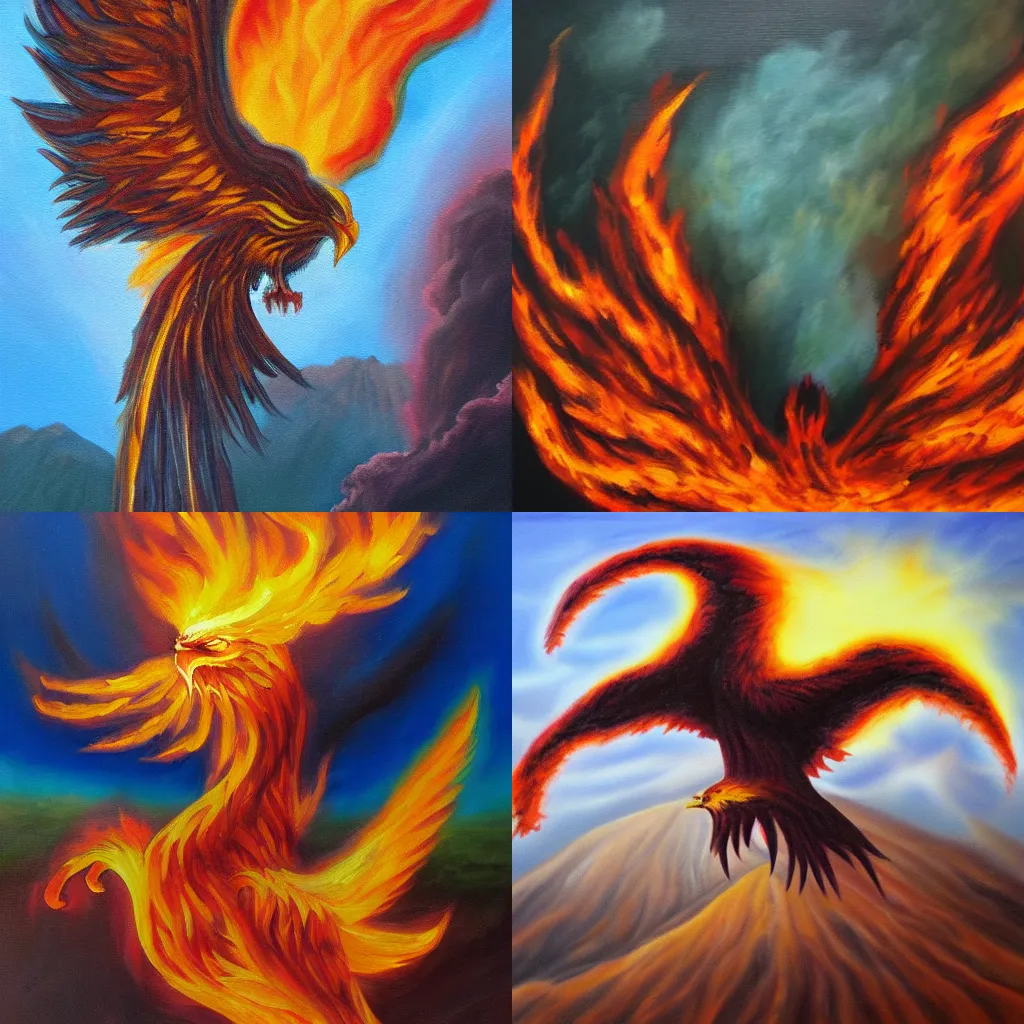 Prompt: a phoenix rises from the ashes of a volcano, oil painting