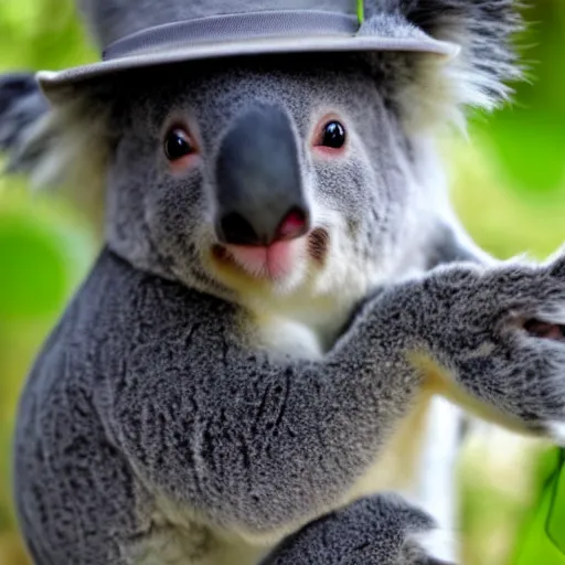 Prompt: photo cute koala wearing a fedora