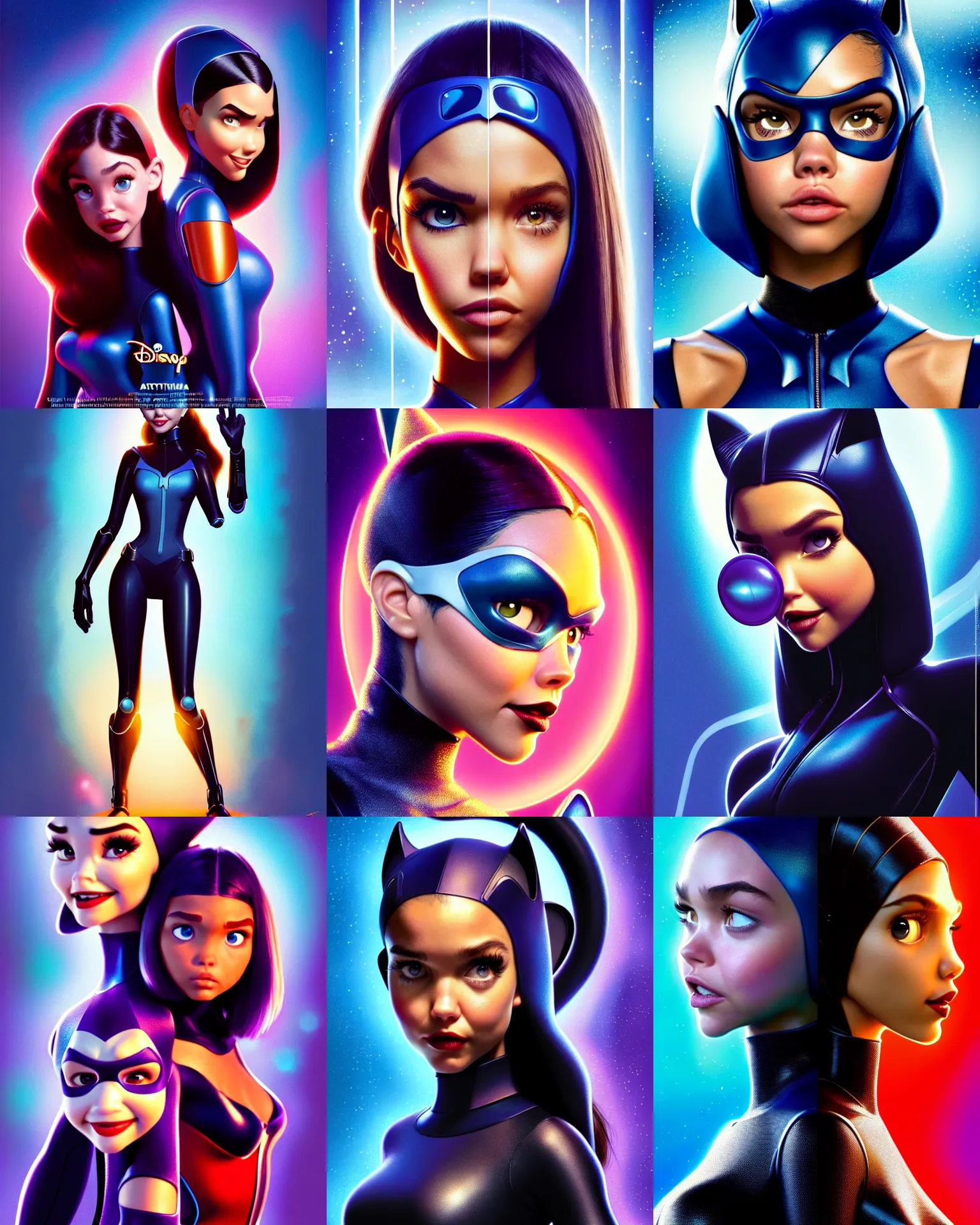 Prompt: disney pixar scifi movie poster portrait photo of madison beer, jessica alba : : as catwoman cyborg woman by pixar : : by weta, wlop, ilya kuvshinov, artgerm, greg rutkowski, chrome facial piercings, maxim cover, artstation, unreal engine, leeloo, wet, morning, : :