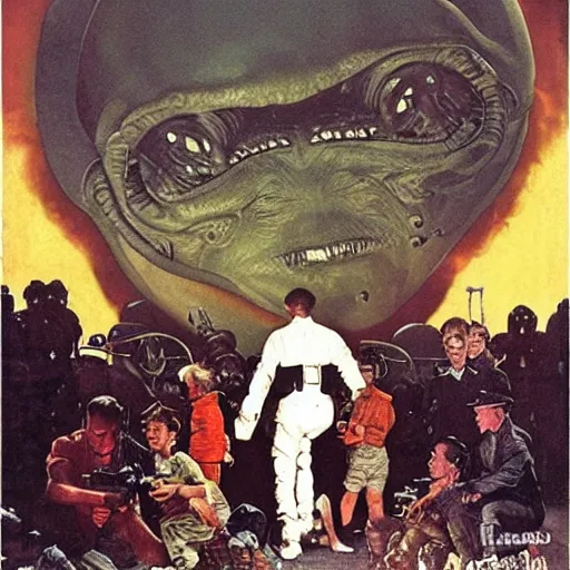 Image similar to alien invasion as a Norman Rockwell Painting
