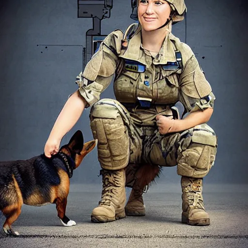 Prompt: female soldier with corgi sniffer dog, old photograph in sci-fi city digital art