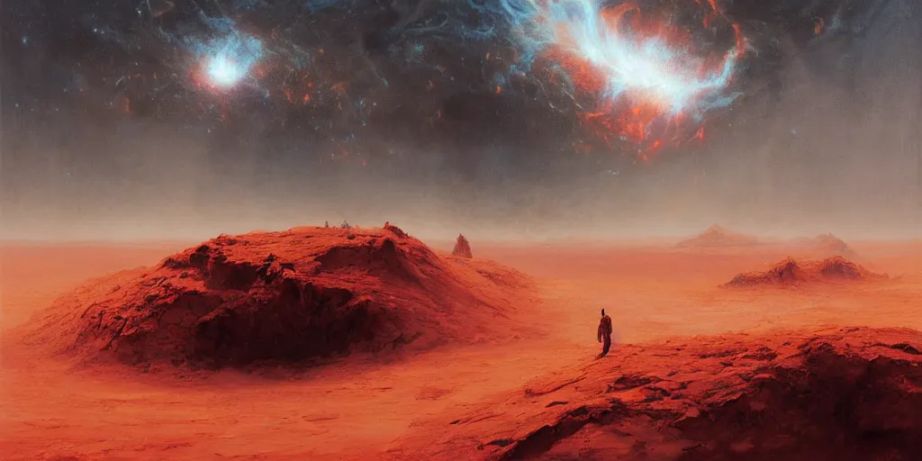 Image similar to supernova, alien surface planet, red desert mars, painted by ruan jia, raymond swanland, lawrence alma tadema, zdzislaw beksinski, norman rockwell, jack kirby, tom lovell, alex malveda, greg staples