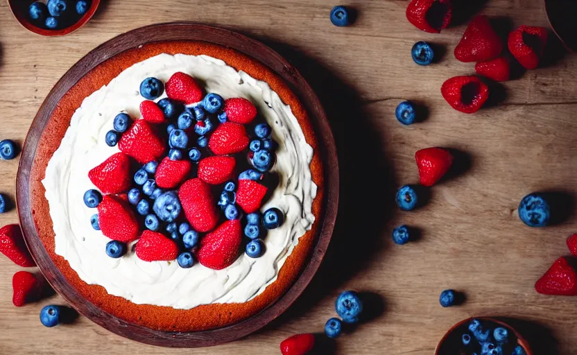 Image similar to A photo of a swedish cake from the side on a wooden table, with cream spread on the sides and strawberries, raspberries and blueberries placed in circles on top. Sunset. 4K. Cinematic lighting. High detail. Realistic. Delicious.