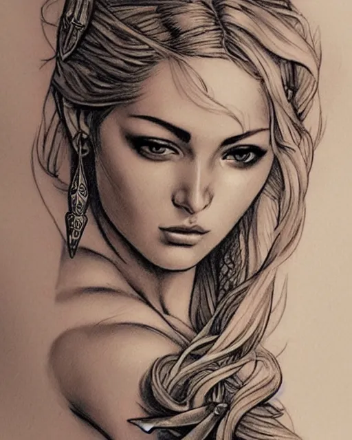 Image similar to tattoo sketch of beautiful greek goddess aphrodite with arrow earrings, beautiful piercing eyes, flowing blonde hair, realistic face, hyper realistic, in the style of greg rutkowski, fantasy, amazing detail, epic, intricate, elegant, smooth, sharp focus