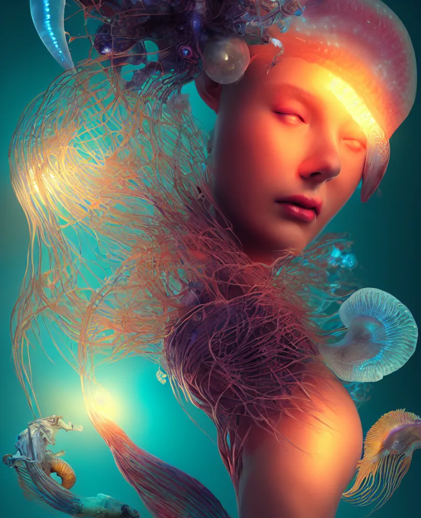 Image similar to goddess close-up portrait. orchid jellyfish phoenix head, nautilus, skull, betta fish, bioluminiscent creatures, intricate artwork by Tooth Wu and wlop and beeple. octane render, trending on artstation, greg rutkowski very coherent symmetrical artwork. cinematic, hyper realism, high detail, octane render, 8k