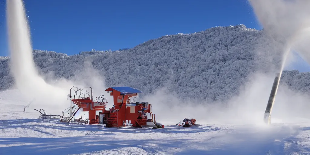 Image similar to snowgun, snowmaking, mountains at background, clear weather, 4 k,