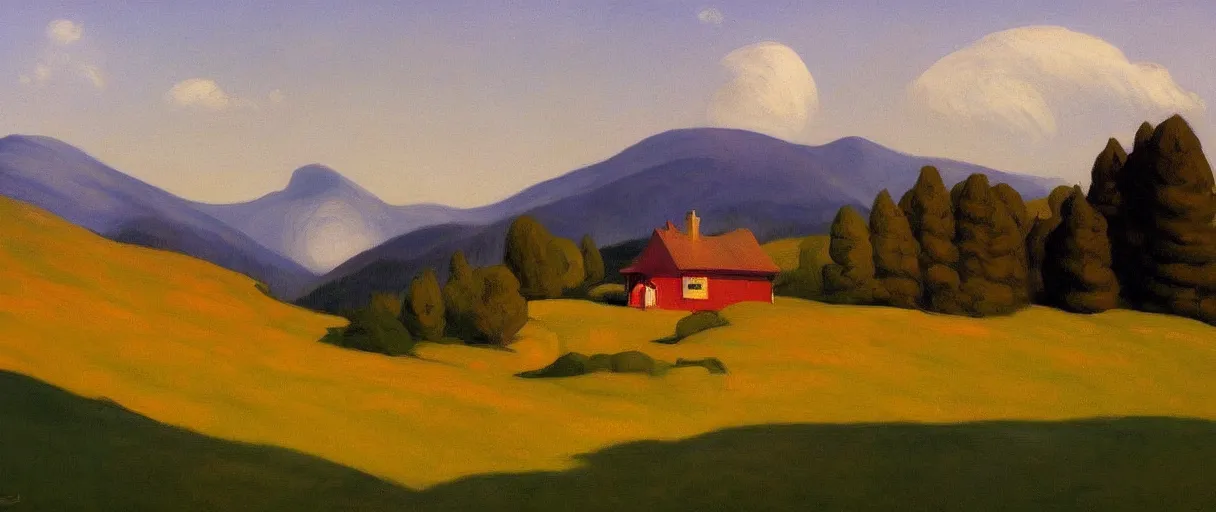 Prompt: an alpine landscape with a cottage, smokey chimney, fall, by edward hopper, new artstation artist,