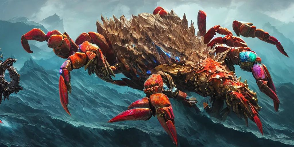 Image similar to Iridescent crab seamonster, character design sheet, Monster Hunter Illustrations art book, diamond sharp claws, huge arms, iridescent shards on its back, Moebius, Greg Rutkowski, Zabrocki, Karlkka, Jayison Devadas, Phuoc Quan, trending on Artstation, 8K, ultra wide angle, zenith view, pincushion lens effect.