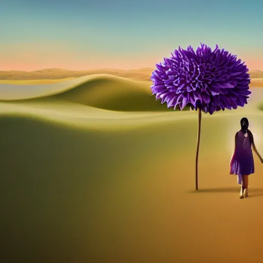 Image similar to portrait, giant purple dahlia flower head, girl walking between dunes, surreal photography, sunrise, blue sky, dramatic light, impressionist painting, digital painting, artstation, simon stalenhag