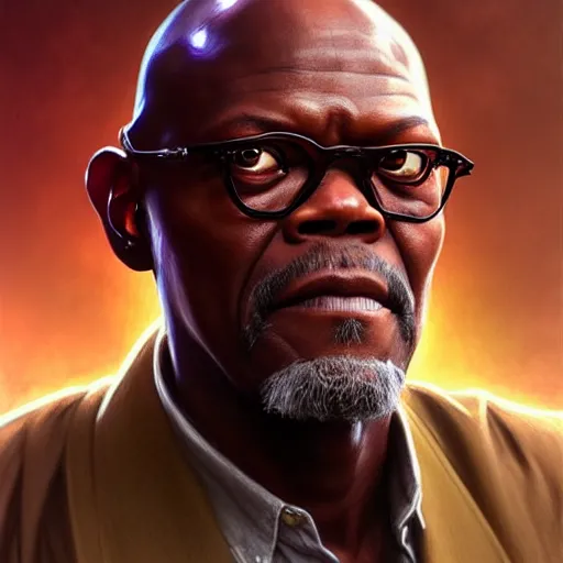 Image similar to Samuel L. Jackson as a fantasy magic man, portrait, sci-fi, amber eyes, face, fantasy, intricate, elegant, highly detailed, digital painting, artstation, concept art, smooth, sharp focus, illustration, art by artgerm and greg rutkowski and alphonse mucha