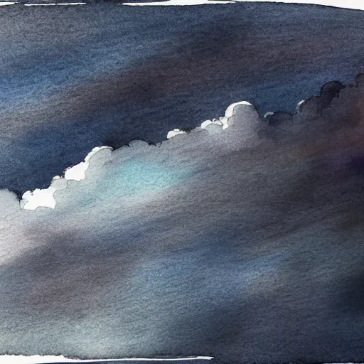 Image similar to high - angle view, from 1 0 0 0 feet in distance, vague uap interstellar vehicle on top of dramatic moody clouds in the sky, muted ink and watercolor. minimalist, detailed, muted colors. ue 5