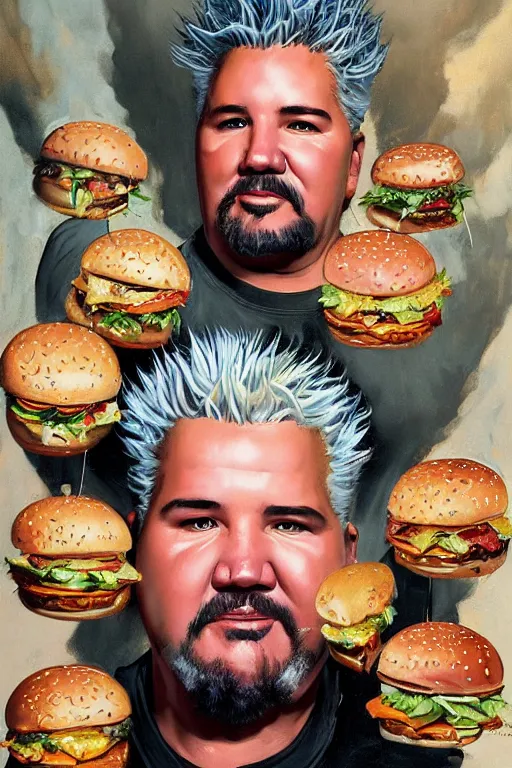 Image similar to centered beautiful detailed front view portrait of guy fieri with ornate burgers growing around, ornamentation, burgers, elegant, beautifully soft lit, by'phil hale '!!'leyendecker '!!! wayne barlowe, peter mohrbacher, kelly mckernan,