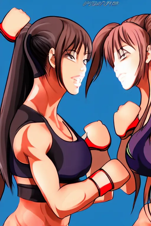 Prompt: two beautiful female fighters with ponytails facing each other in the gym, gorgeous features, high definition, sharp focus, detailed anime art, pixiv