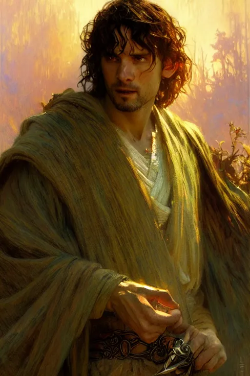 Prompt: attractive man, the lord of the rings, cool colors, painting by gaston bussiere, craig mullins, greg rutkowski, alphonse mucha