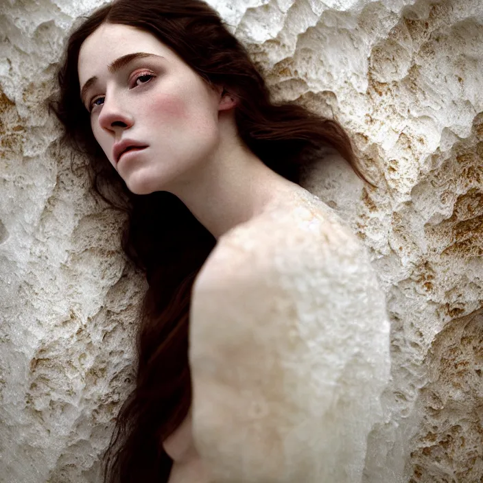 Image similar to Kodak Portra 400, 8K,ARTSTATION, CarolineGariba, soft light, volumetric lighting, highly detailed, britt marling style 3/4 ,portrait photo Close-up portrait photography of a beautiful woman how pre-Raphaelites, the face emerges from Pamukkale, thermal waters flowing down white travertine terraces, inspired by Ophelia paint ,and hair are intricate with highly detailed realistic beautiful flowers , Realistic, Refined, Highly Detailed, interstellar outdoor soft pastel lighting colors scheme, outdoor fine art photography, Hyper realistic, photo realistic