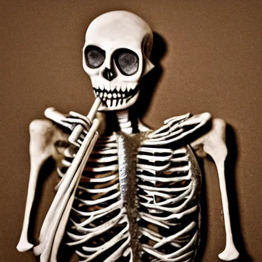 Image similar to Award-winning photo of a skeleton playing the trumpet, 4K, 50mm