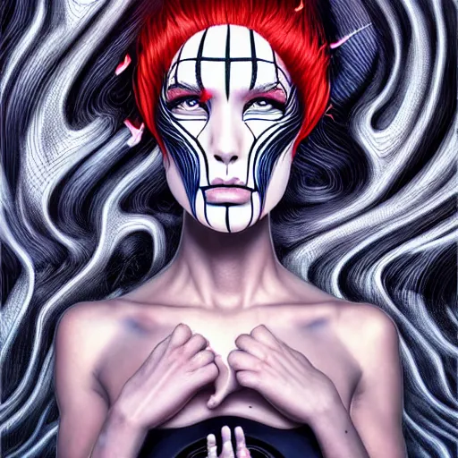 Prompt: transdimensional mime with fire hair, realistic, extremely detailed, sharp focus, wide view, smooth, digital illustration, by james jean, by rossdraws, artgerm, giger
