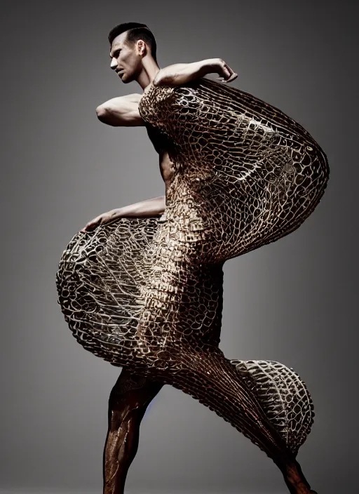 Image similar to a beautiful male dancer wearing iris van herpen couture, photographed by erwin olaf for vogue