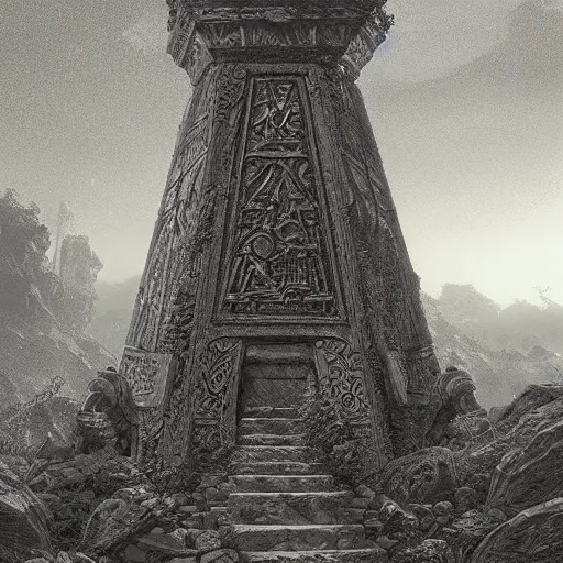 Image similar to stone obelisk, roots and plants growing on the obelisk, intricate detailed glowing engravings, D&D, Magic The Gathering, by Craig Mullins, ornate, ancient forest, volumetric lighting