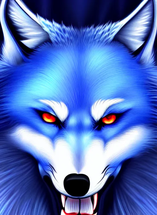 Image similar to blue wolf, red eyes highly detailed, deep focus, digital painting, smooth, sharp focus, anime art style, trending on artstation, 4 k