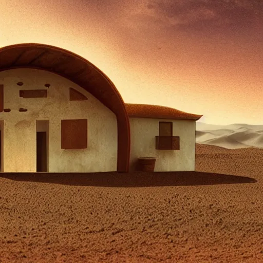 Prompt: Organic shaped farm house on mars desert, Atmosferic feel, warm light, Illustration, Filmic, by Annibale Carracci, Artstation
