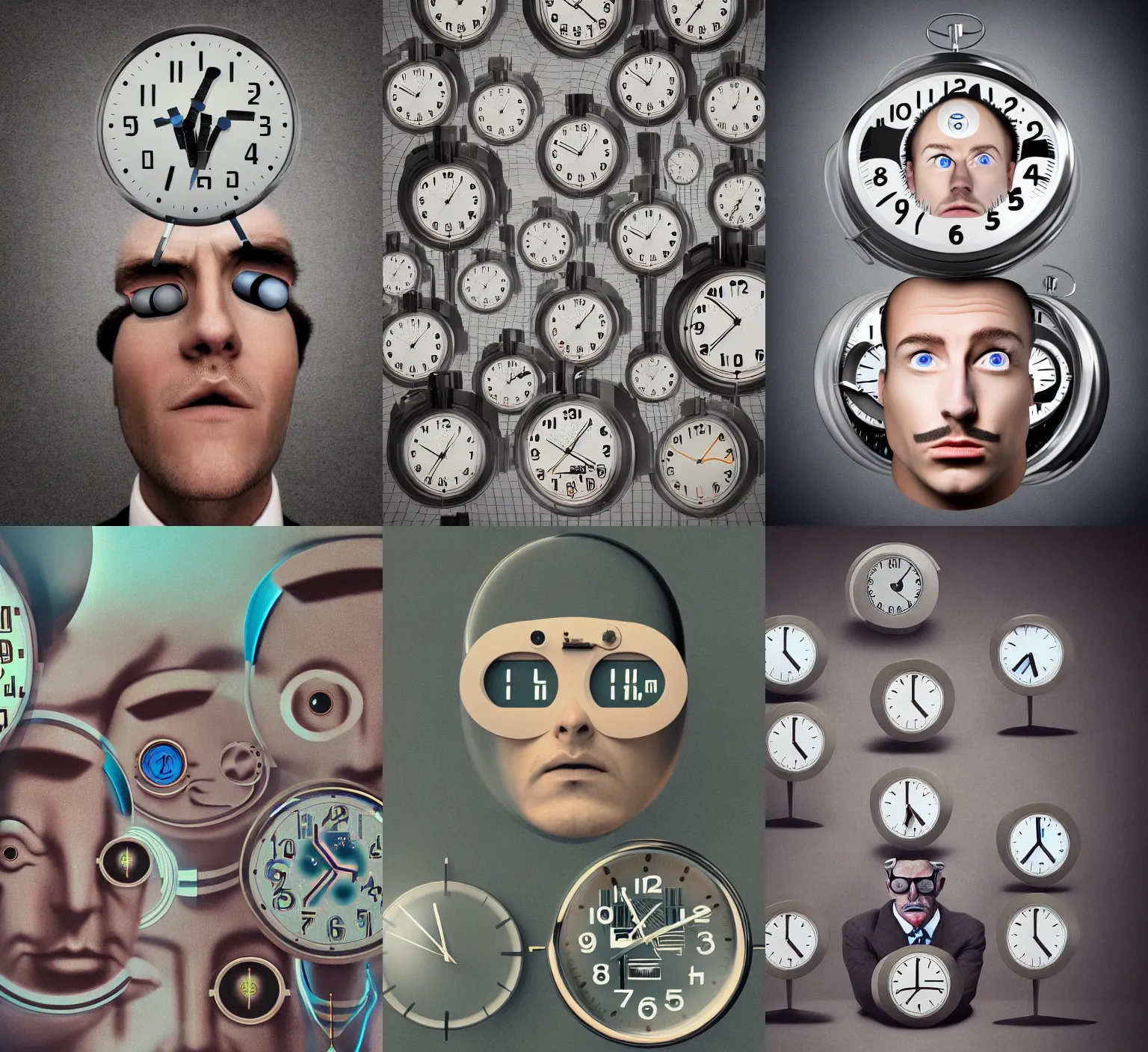 Prompt: retro futuristic mans face with clocks for his eyes surreal, absurd