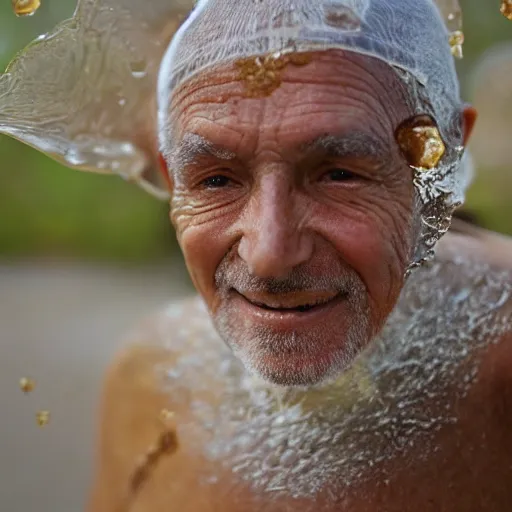 Prompt: old man with an honey comb face, his skin is made of cells and honey, bees are flying around him