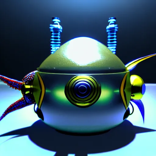 Image similar to a fish bowl mecha with arms, we can also see a fish inside of it, photorealistic 3 d render, unreal engine